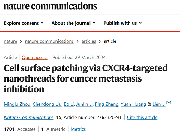 Cell surface patching via CXCR4-targeted nanothreads for cancer metastasis inhibition