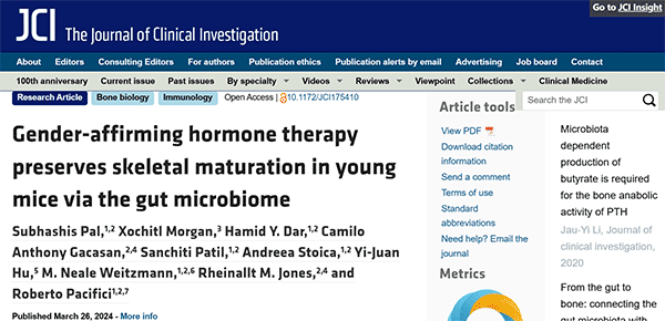 Gender affirming hormone therapy preserves skeletal maturation in young mice via the gut microbiome